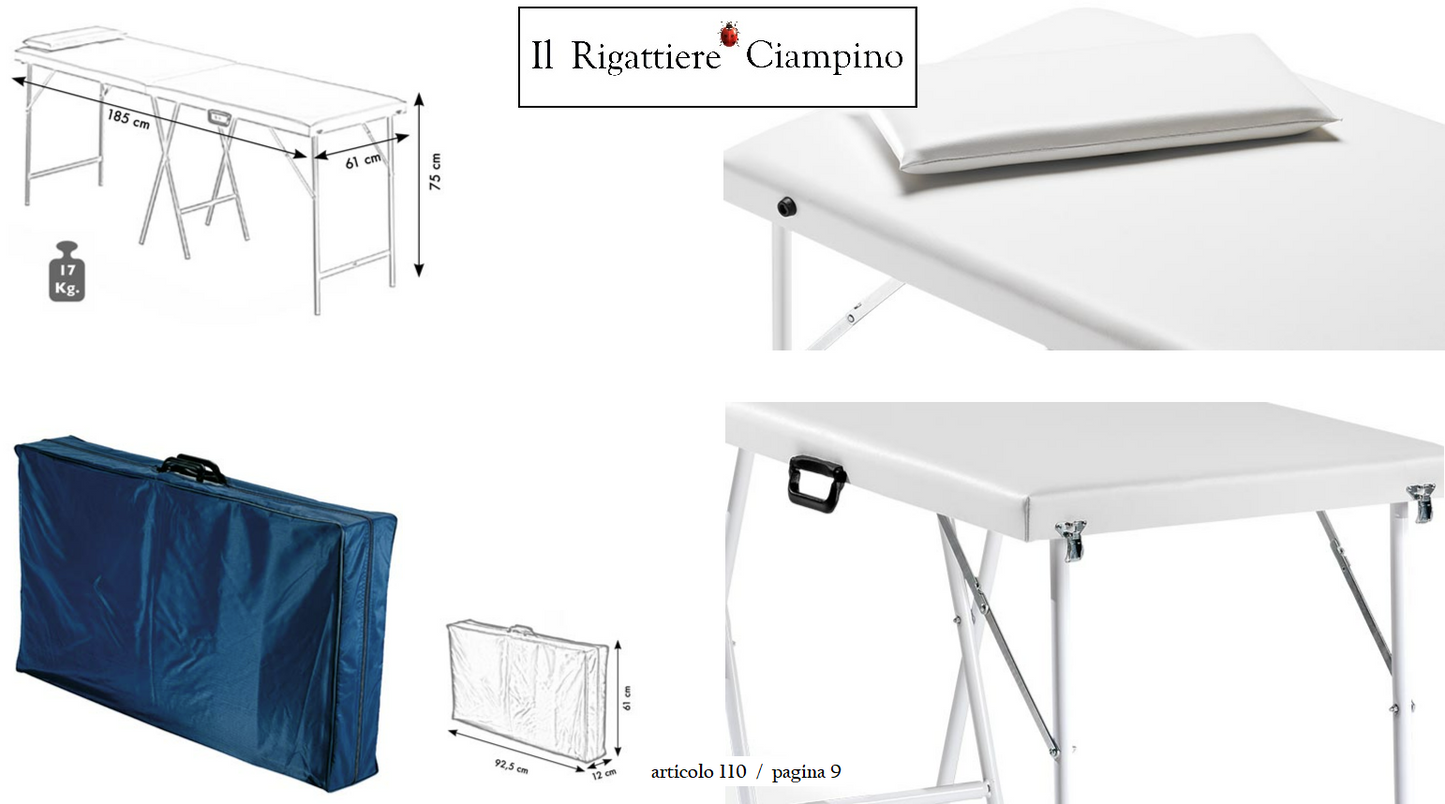 Lettino portatile in acciaio con cuscino e custodia su richiesta