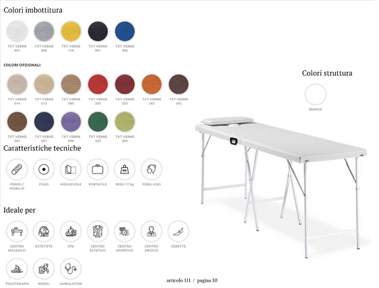 Lettino massaggi portatile, professionale con gommini d'appoggio e ganci di chiusura