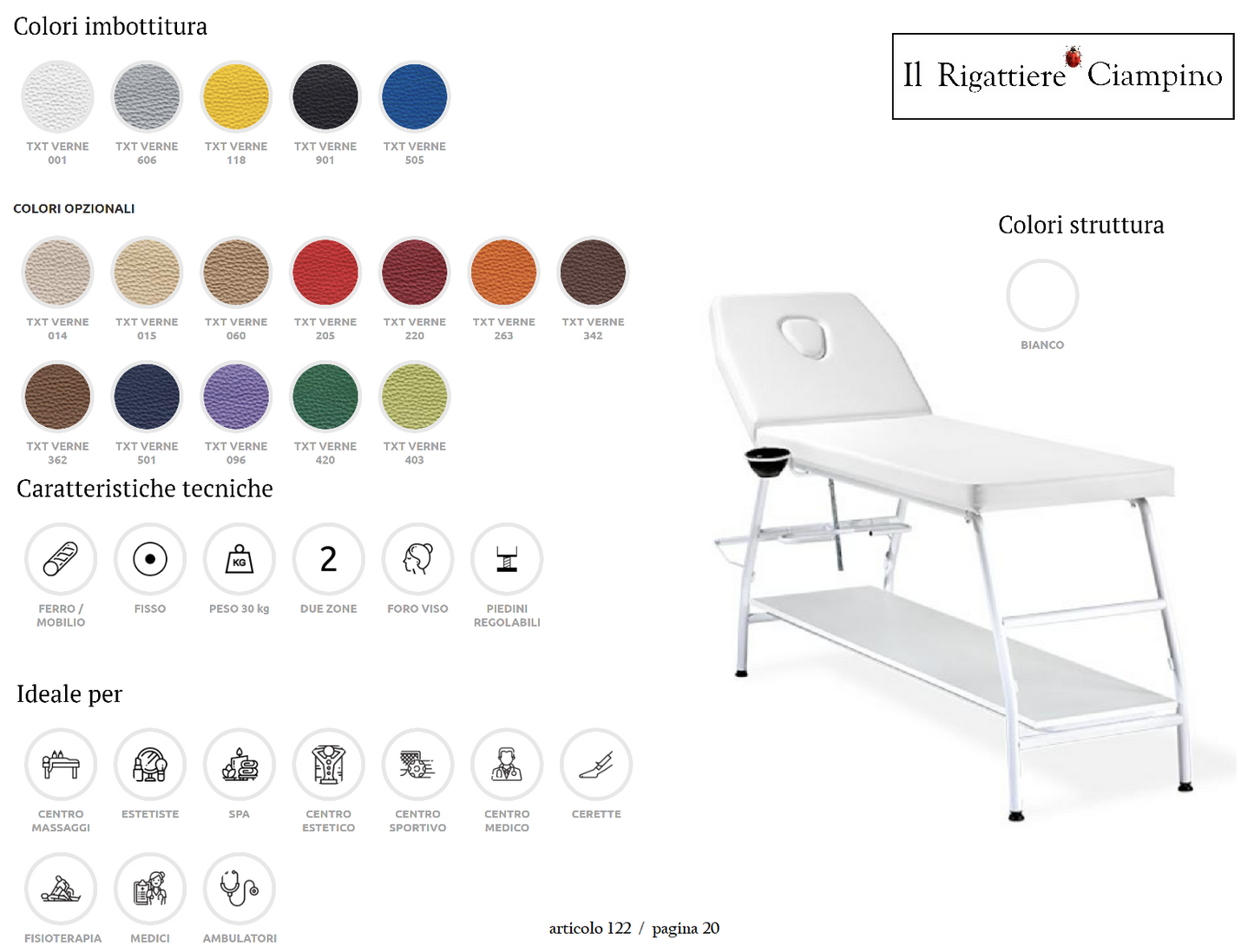 Lettino 2 zone in acciaio tubolare con ripiano in legno
