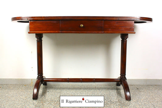 Scrivania ovale in legno mogano con cassetto
