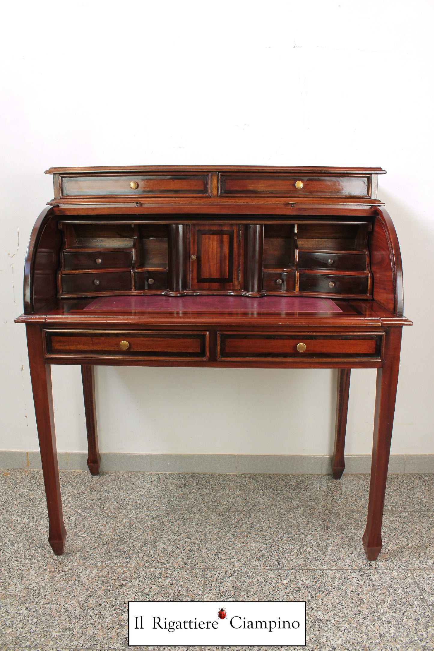 Ribalta a rullo in legno mogano massello con piano in ecopelle bordeaux