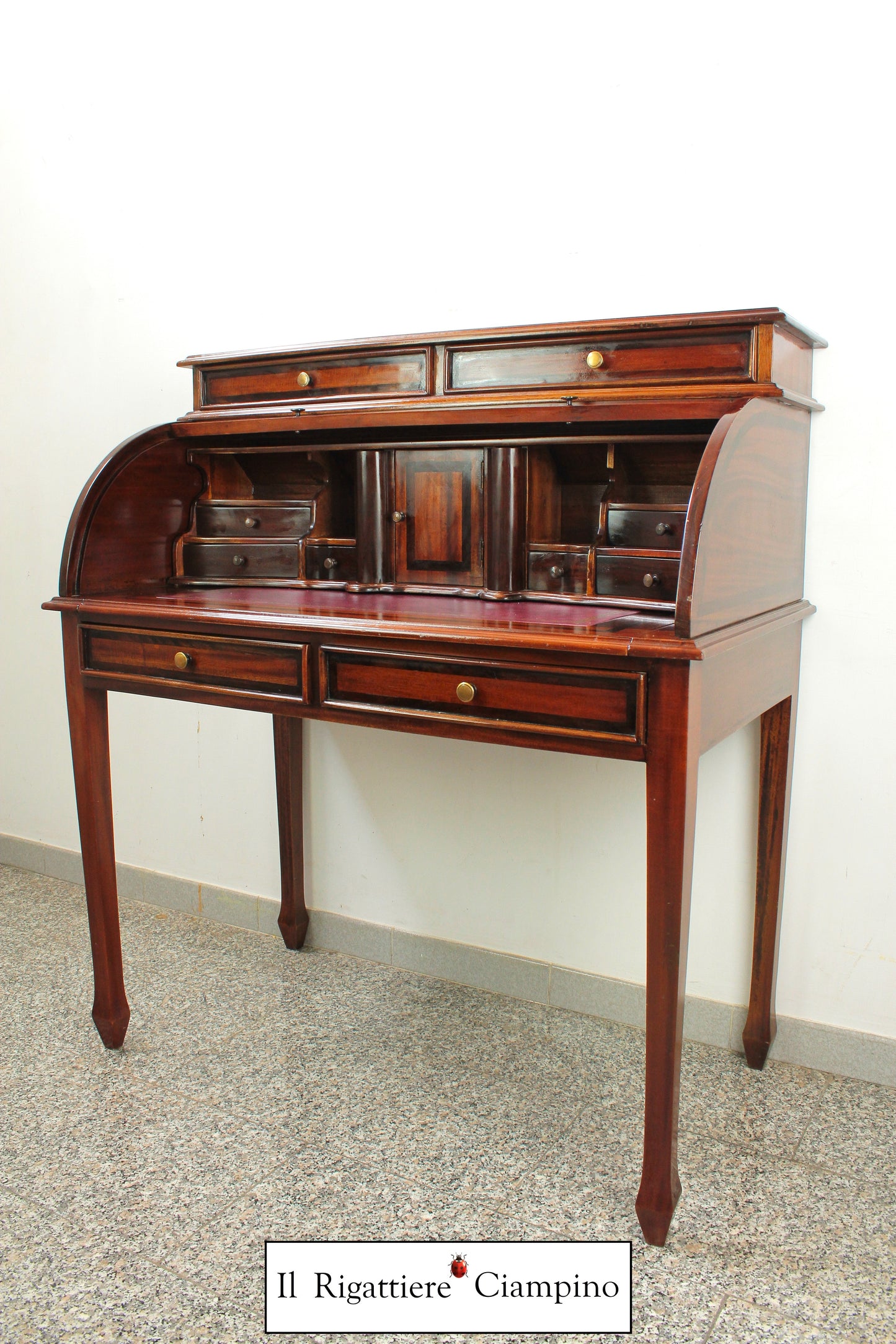 Ribalta a rullo in legno mogano massello con piano in ecopelle bordeaux