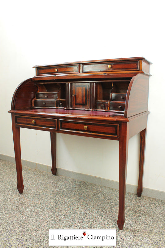 Ribalta a rullo in legno mogano massello con piano in ecopelle bordeaux