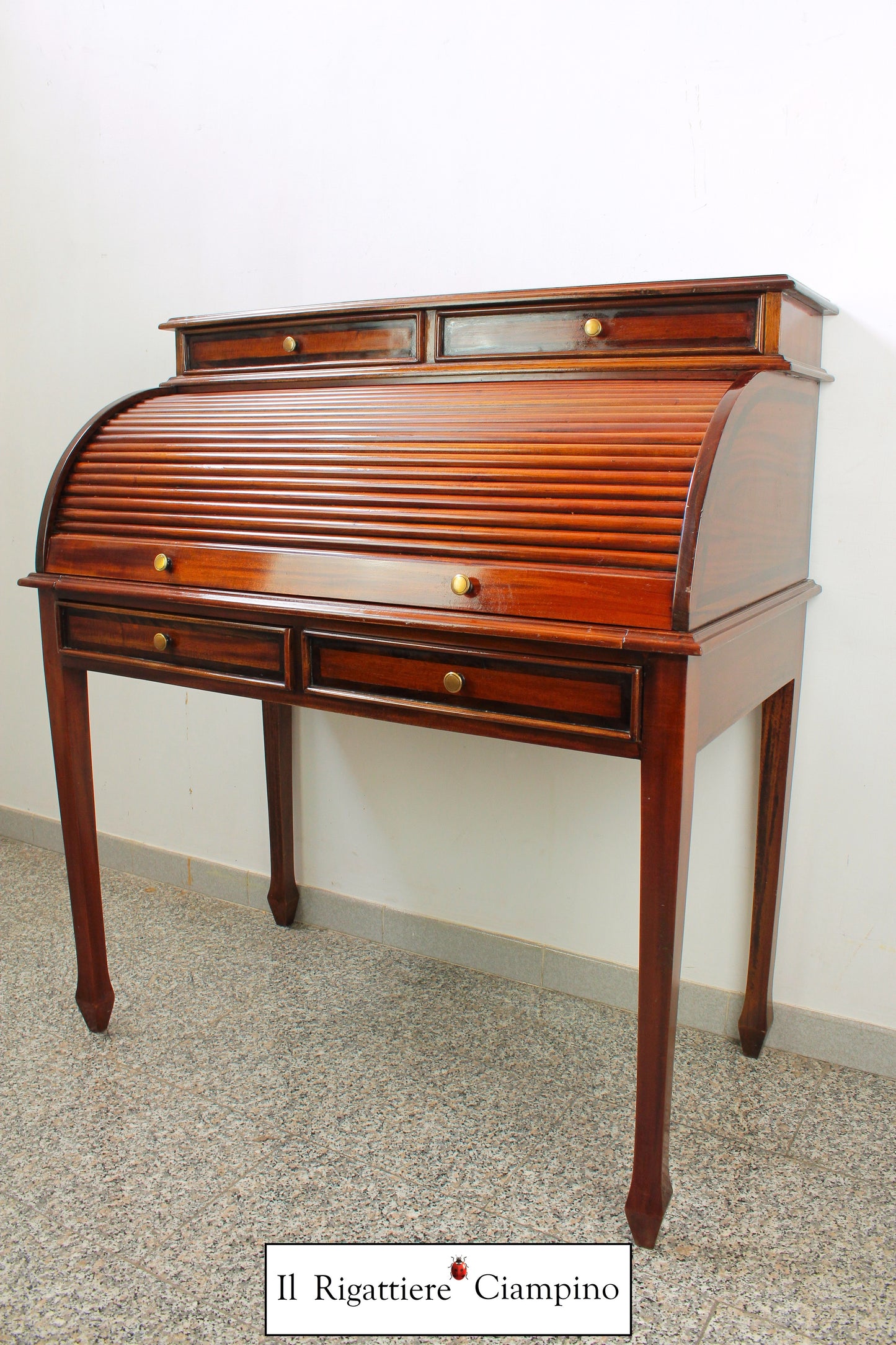 Ribalta a rullo in legno mogano massello con piano in ecopelle bordeaux