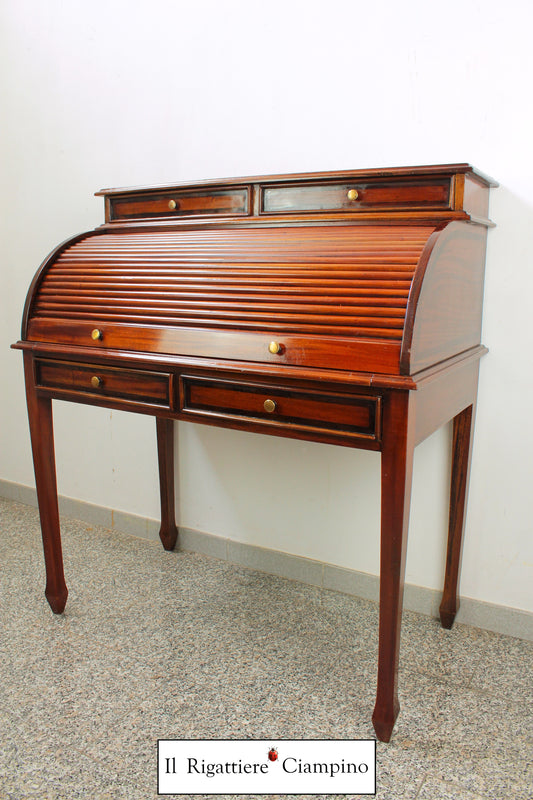 Ribalta a rullo in legno mogano massello con piano in ecopelle bordeaux