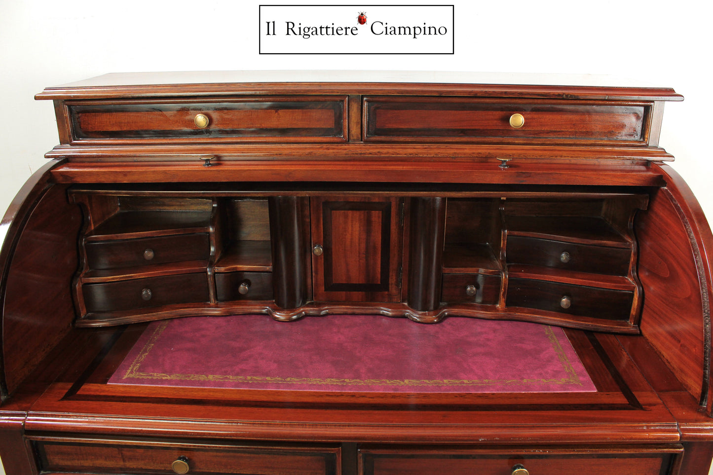 Ribalta a rullo in legno mogano massello con piano in ecopelle bordeaux