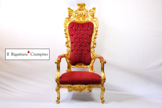Trono in stile barocco in velluto rosso e foglia oro
