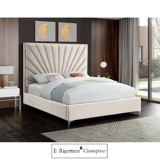 Letto matrimoniale con contenitore imbottito in velluto avorio