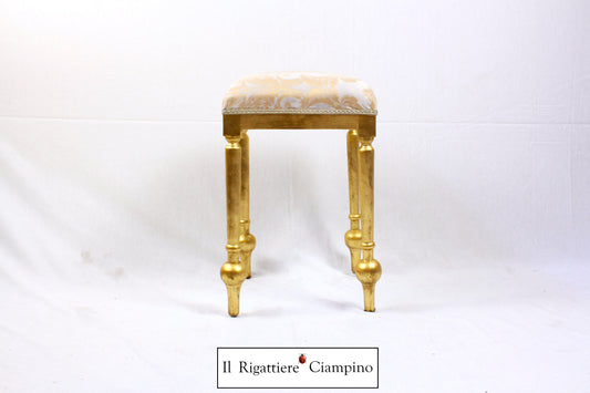 Sgabello in foglia oro e stoffa damascata