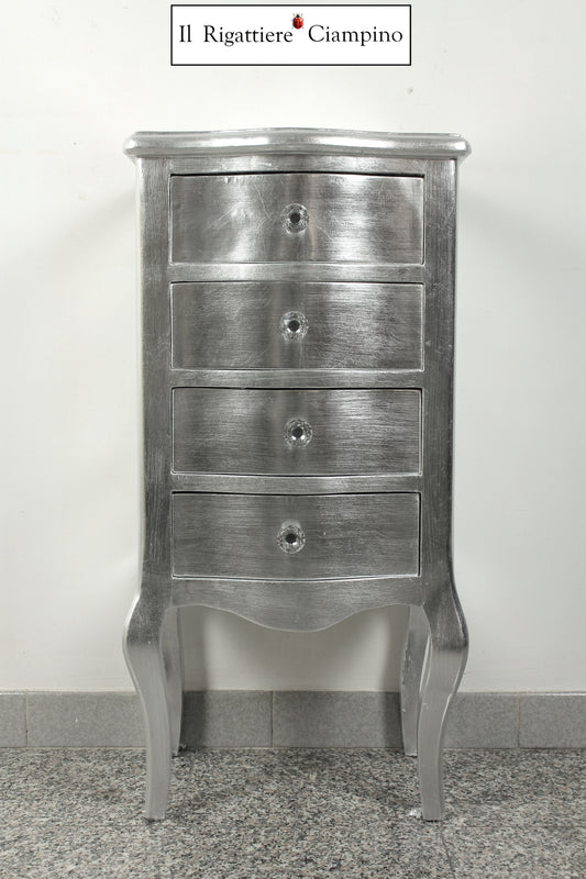 Coppia comodini bianchi con rifiniture argento a 4 cassetti