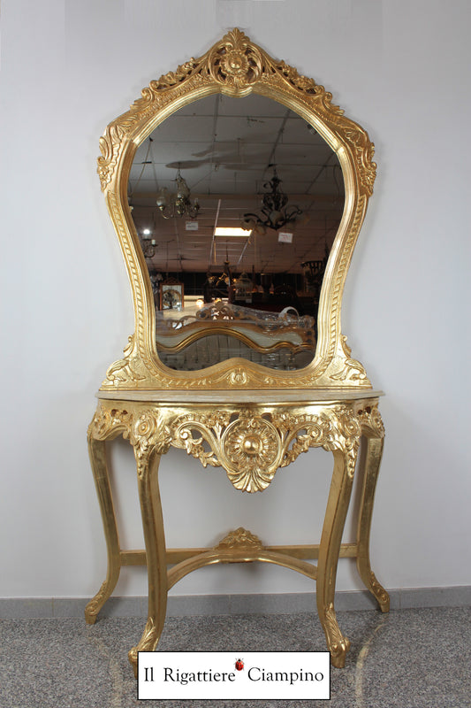 Consolle barocca in foglia oro con marmo champagne