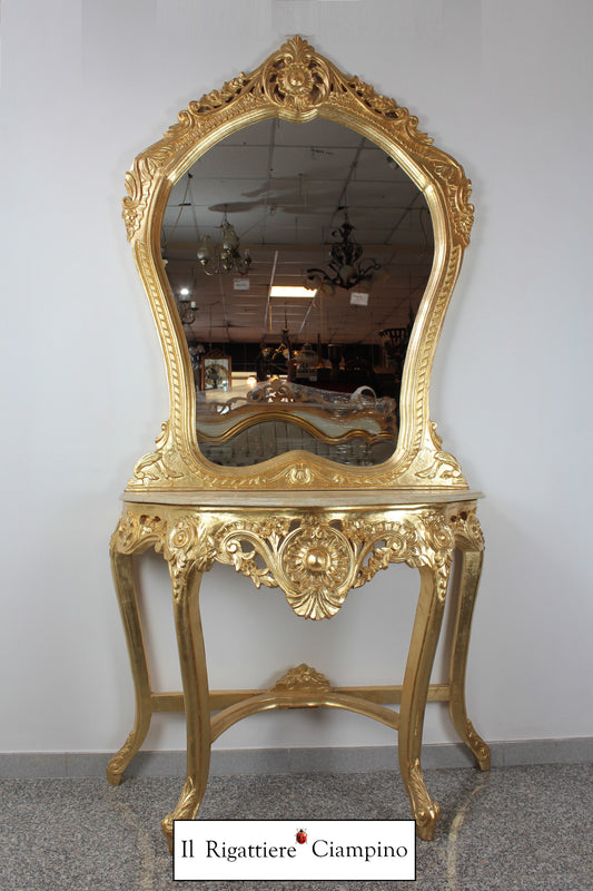 Consolle barocca in foglia oro con marmo champagne