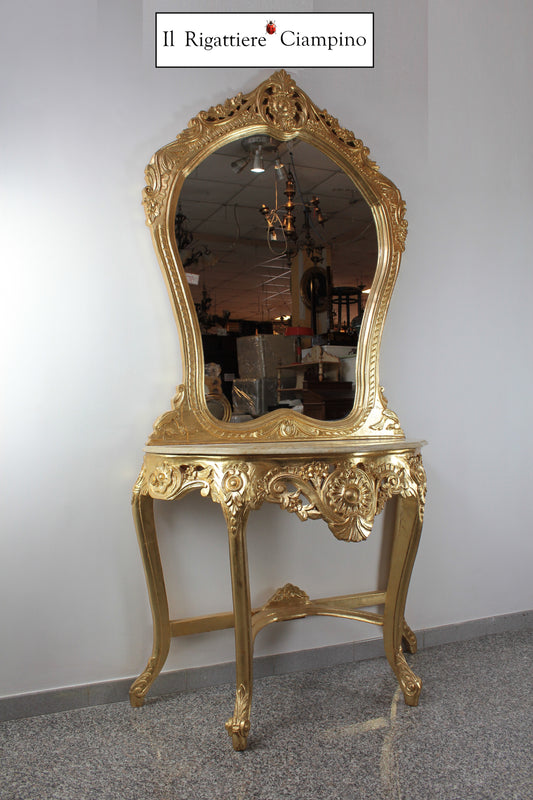 Consolle barocca in foglia oro con marmo champagne