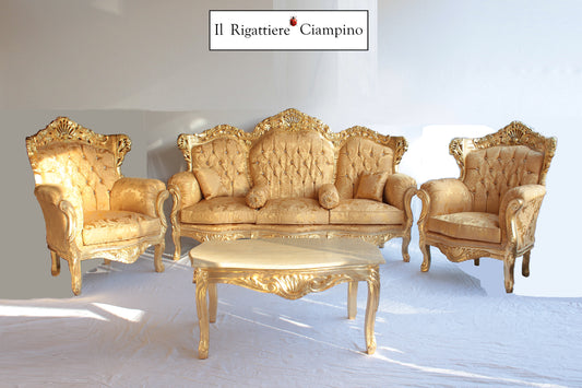Set salotto in stile barocco, foglia oro e damasco dorato