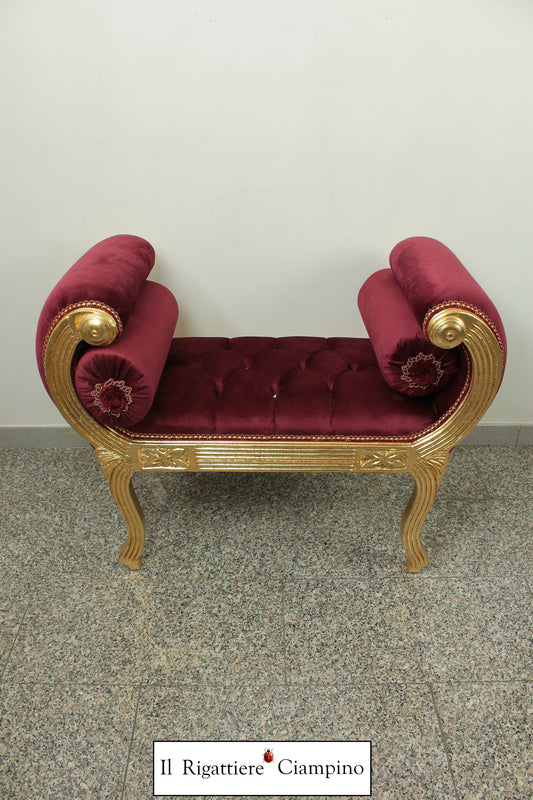 Panca da salotto in stile barocco, velluto bordeaux e foglia oro
