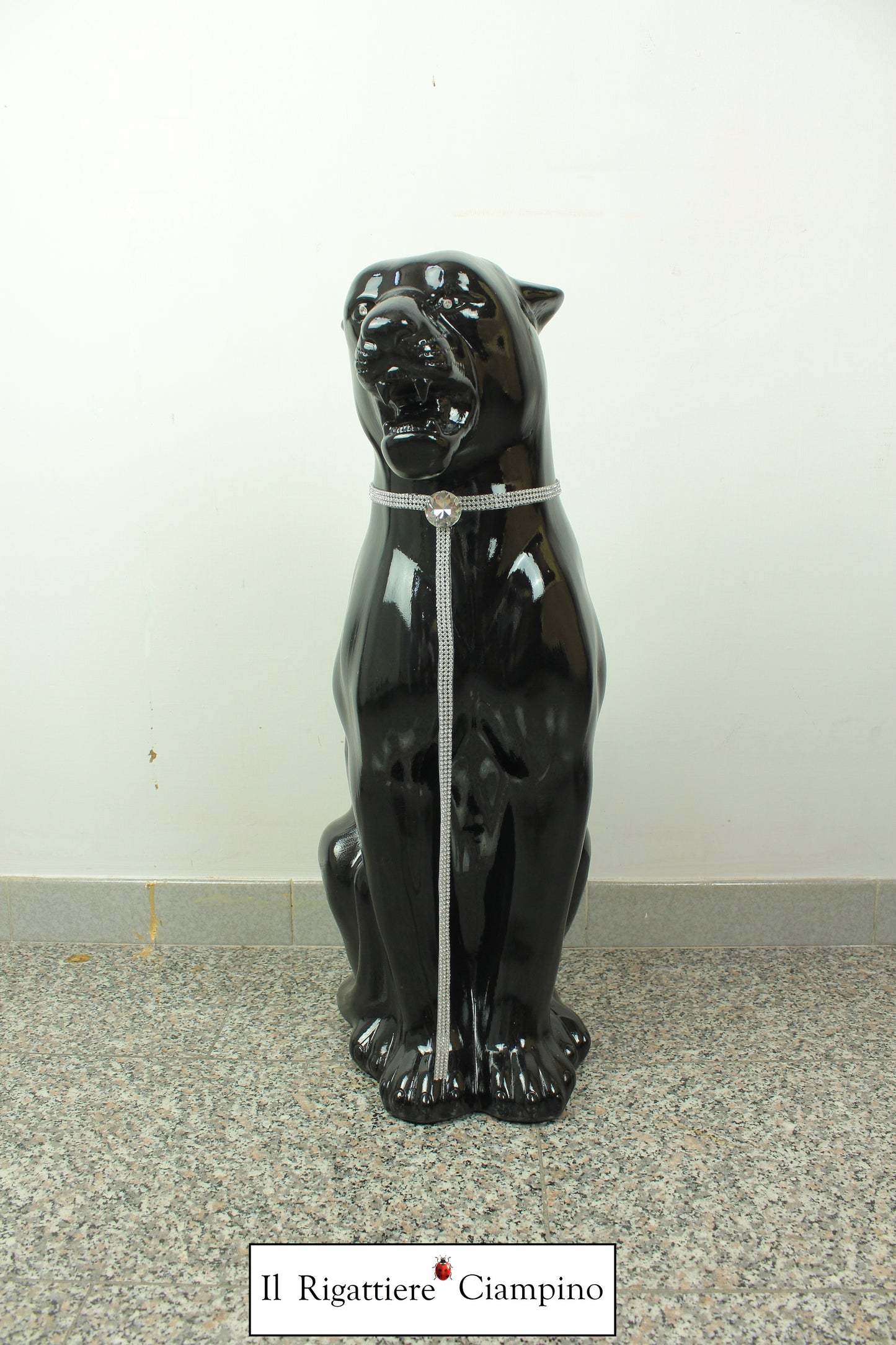 Pantera nera Swarovski statua in ceramica