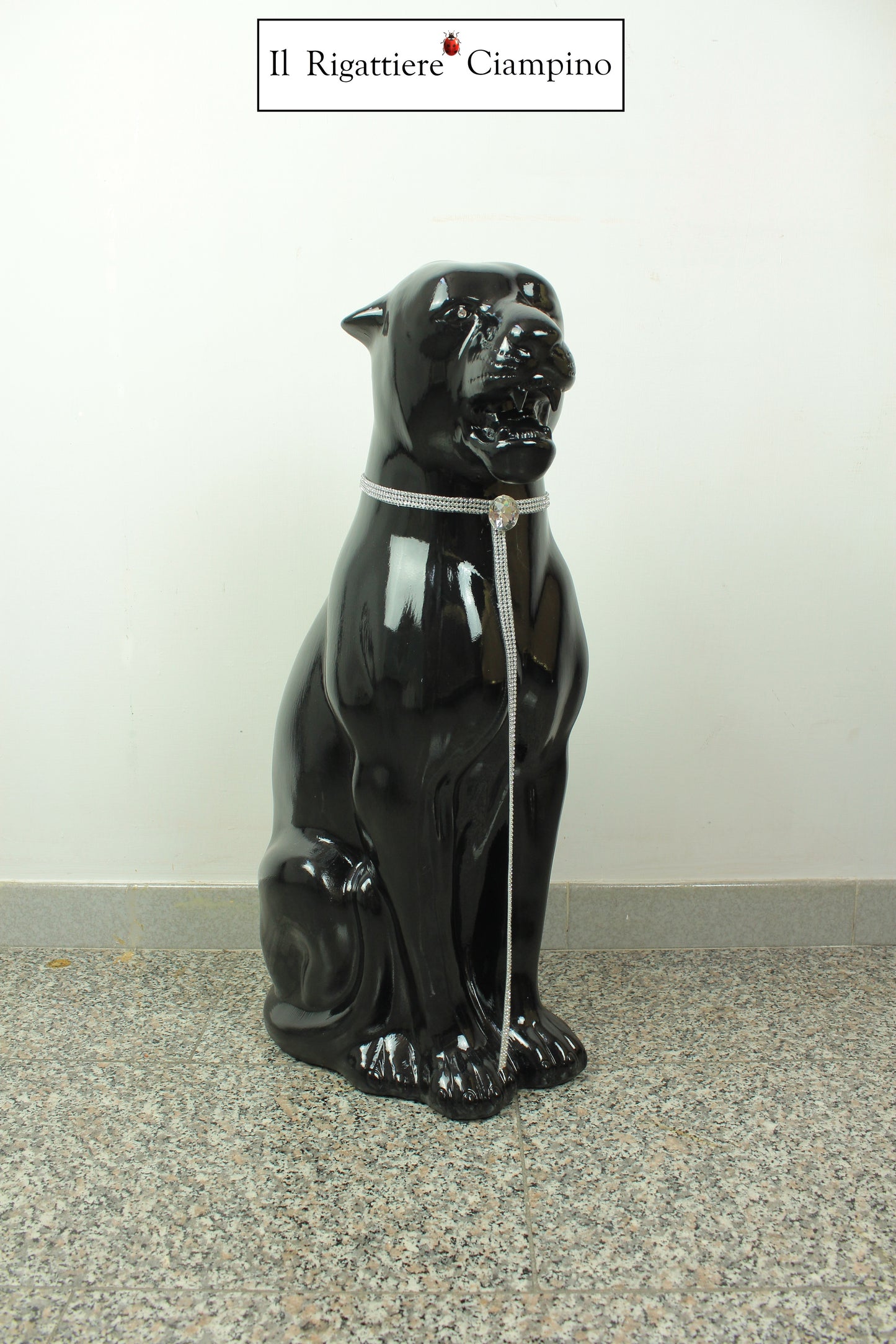 Pantera nera Swarovski statua in ceramica