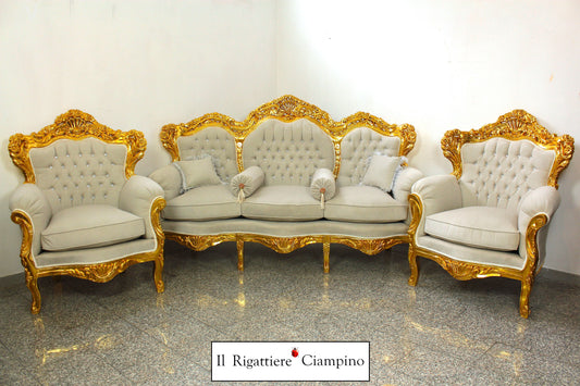 Salotto completo stile Barocco oro e grigio in velluto