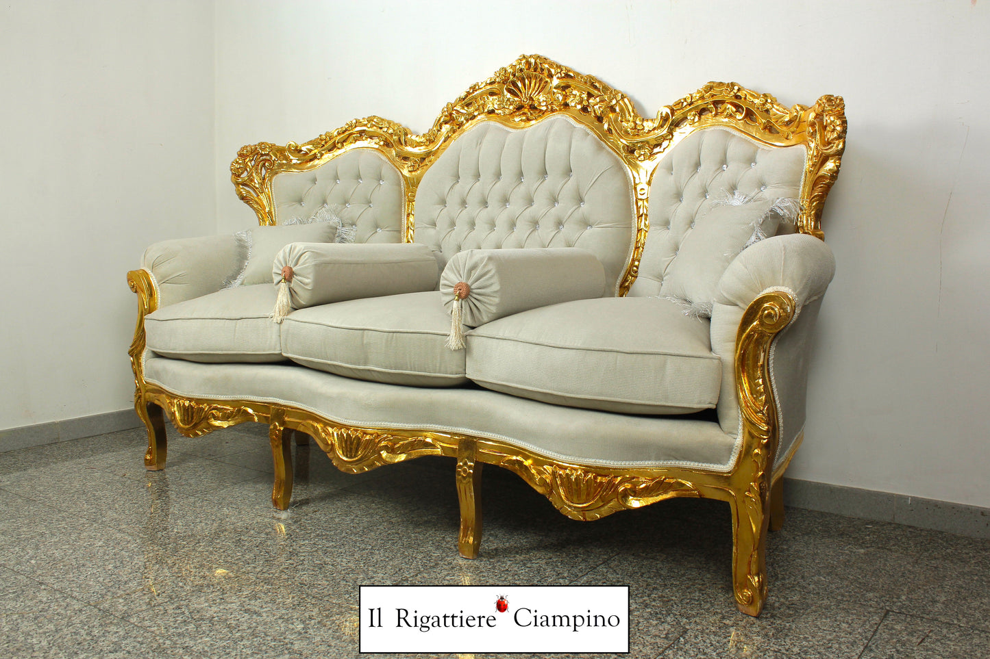 Salotto completo stile Barocco oro e grigio in velluto