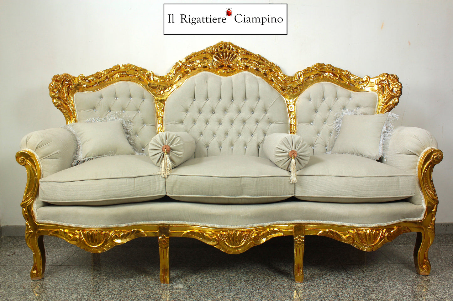 Salotto completo stile Barocco oro e grigio in velluto