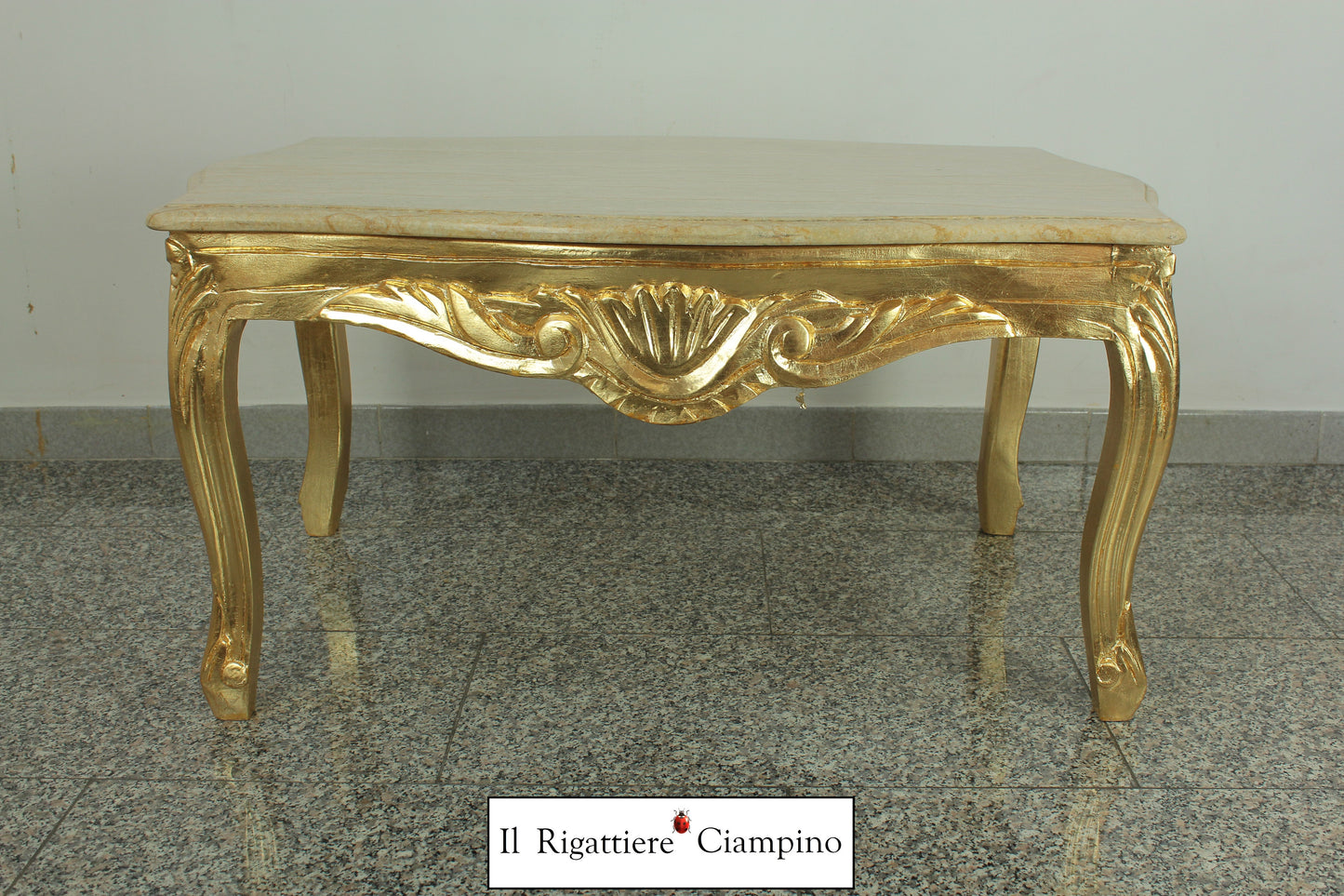 Tavolino in foglia oro con piano in marmo