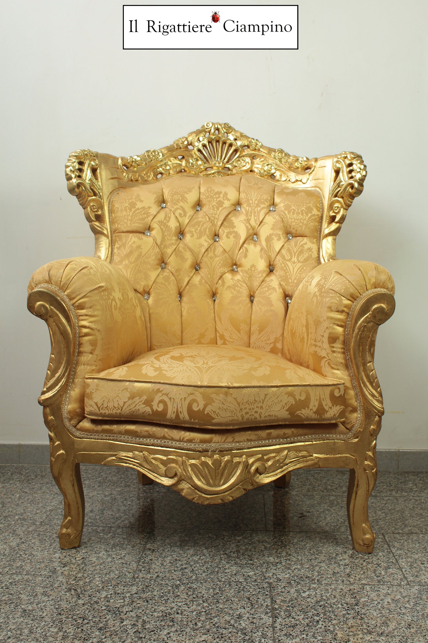 Set salotto in stile barocco, foglia oro e damasco