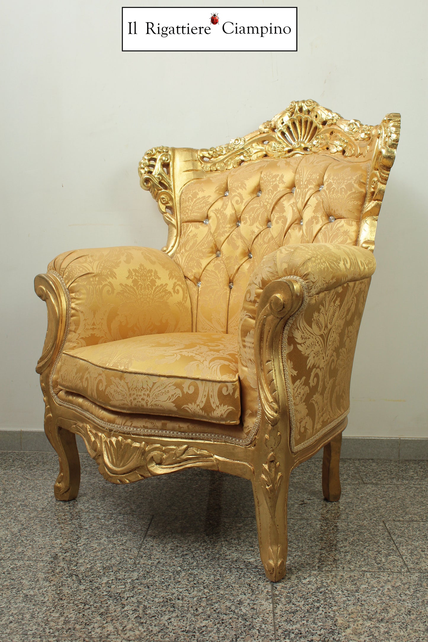 Set salotto in stile barocco, foglia oro e damasco