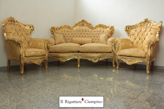 Set salotto in stile barocco, foglia oro e damasco