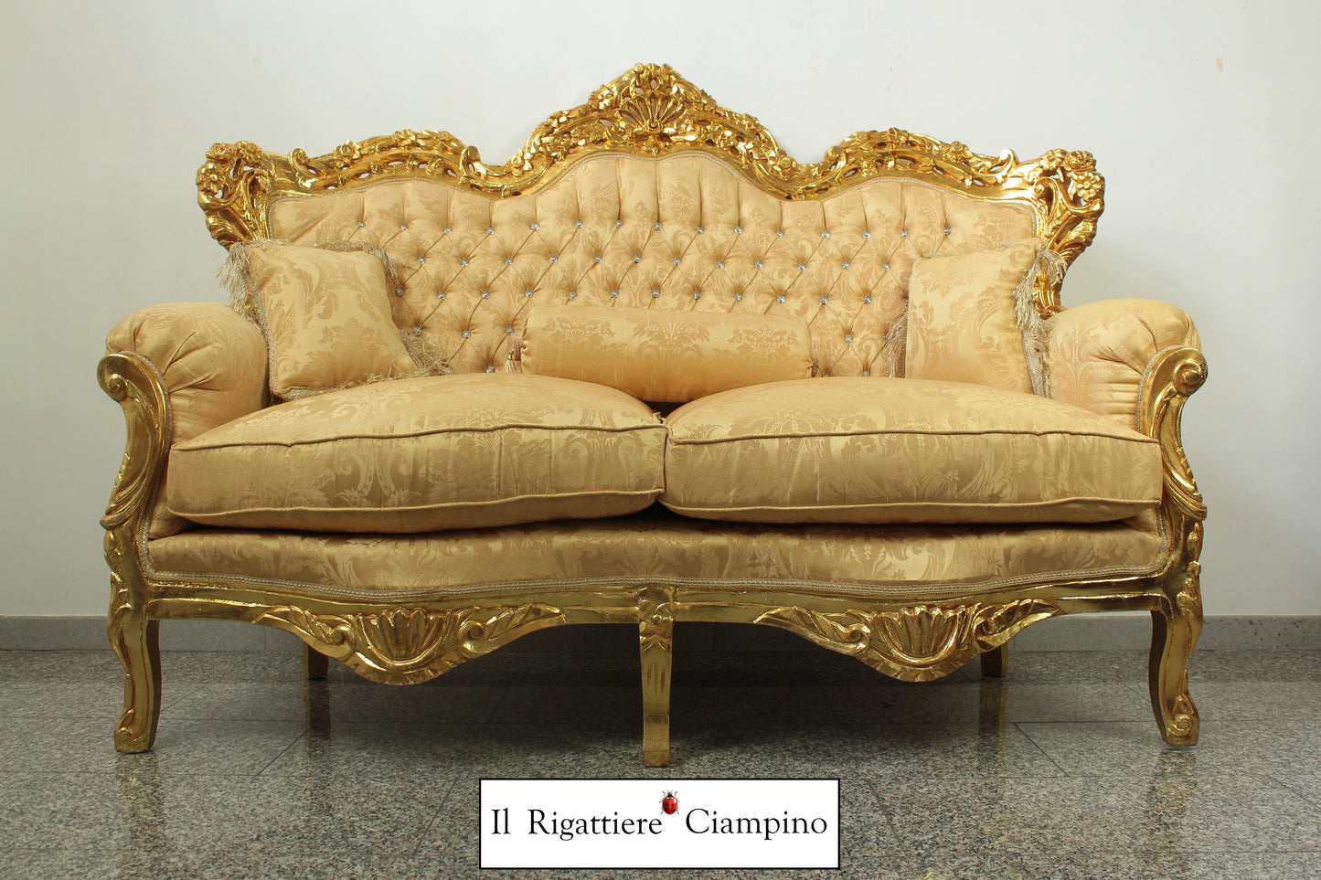 Set salotto in stile barocco, foglia oro e damasco