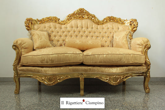 Set salotto in stile barocco, foglia oro e damasco