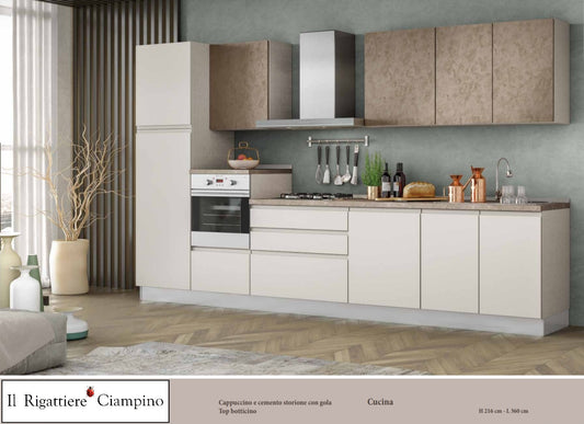 Arredo cucina con elettrodomestici color cappuccino e cemento