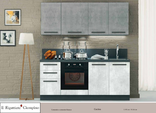 Arredo cucina con elettrodomestici grigio cemento e bianco cemento