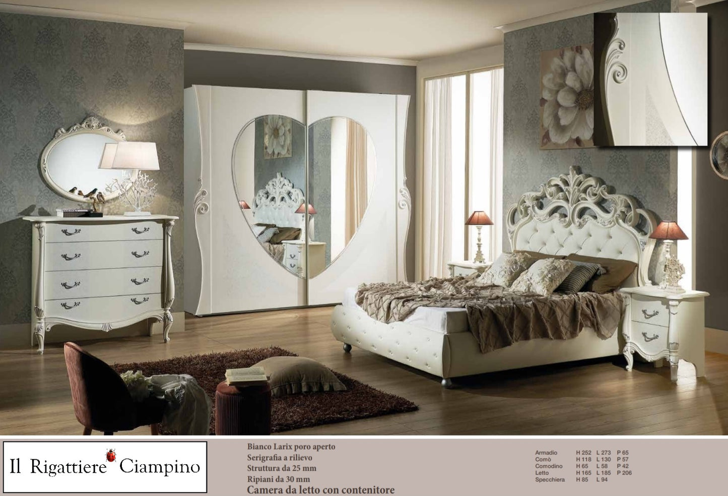 Camera da letto in stile barocco bianco e argento con serigrafia