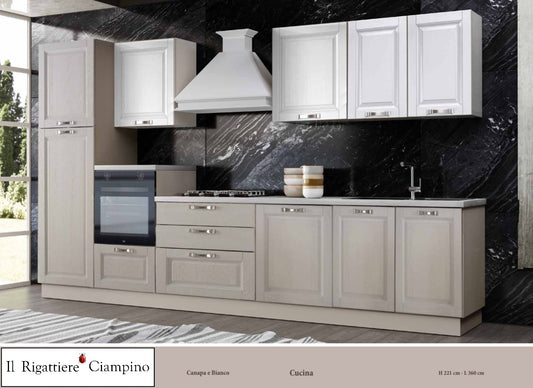 Arredo cucina con elettrodomestici di colore canapa e bianco
