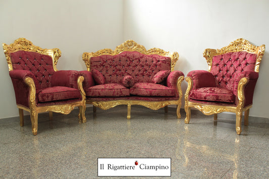 Set salotto in stile barocco, foglia oro e damasco bordeaux
