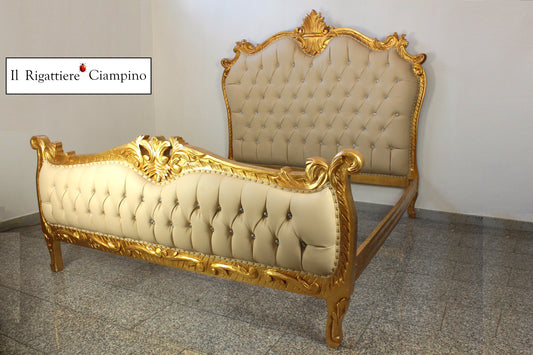 Letto Matrimoniale Vittoria, foglia oro ed ecopelle avorio