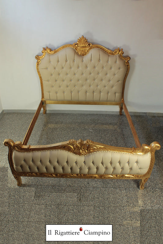 Letto Matrimoniale Vittoria, foglia oro ed ecopelle avorio