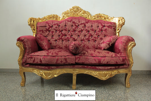 Set salotto in stile barocco, foglia oro e damasco bordeaux