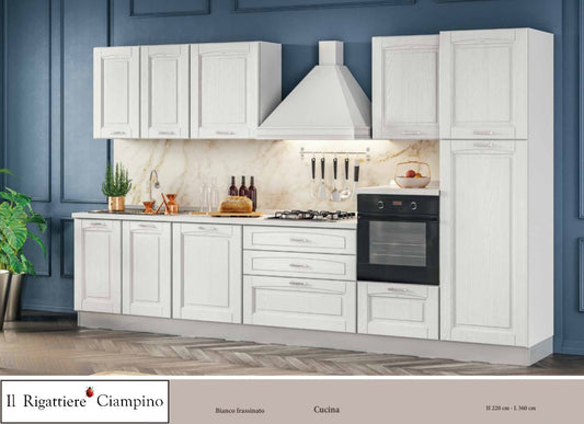 Arredo cucina con elettrodomestici di colore bianco frassinato o tortora