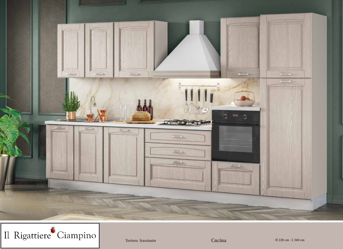 Arredo cucina con elettrodomestici di colore bianco frassinato o tortora