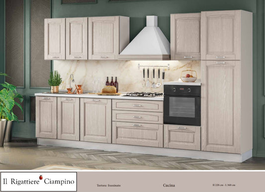 Arredo cucina con elettrodomestici di colore bianco frassinato o tortora