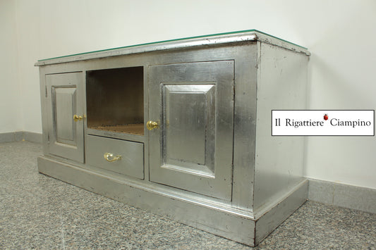 Mobile Porta-Tv argento con piano in vetro