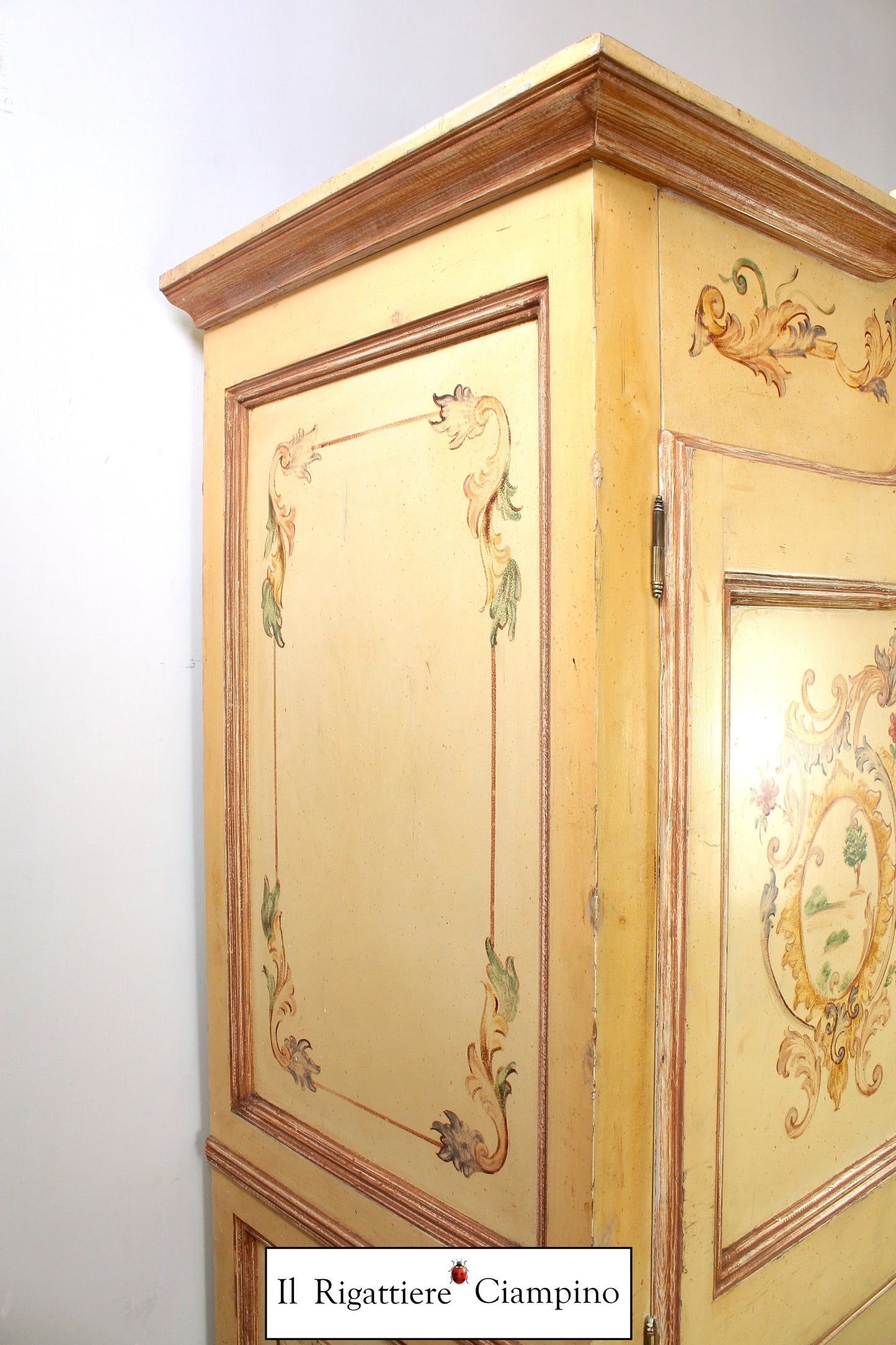 Armadio battente a due ante in stile decapè con decorazioni