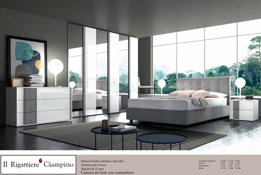 Camera da letto bianco lucido, cemento e specchio con contenitore