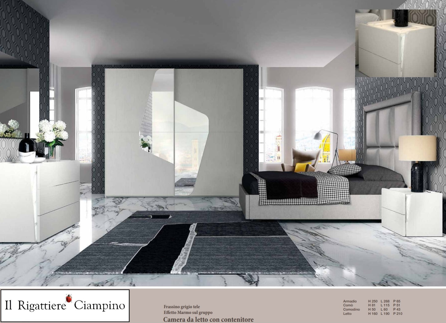 Camera da letto di colore grigio effetto marmo di gruppo con contenitore