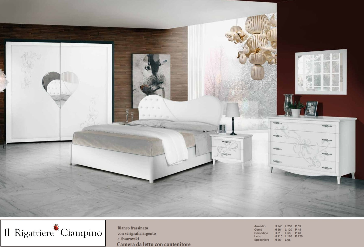 Camera da letto con contenitore bianco frassinato con serigrafia argento