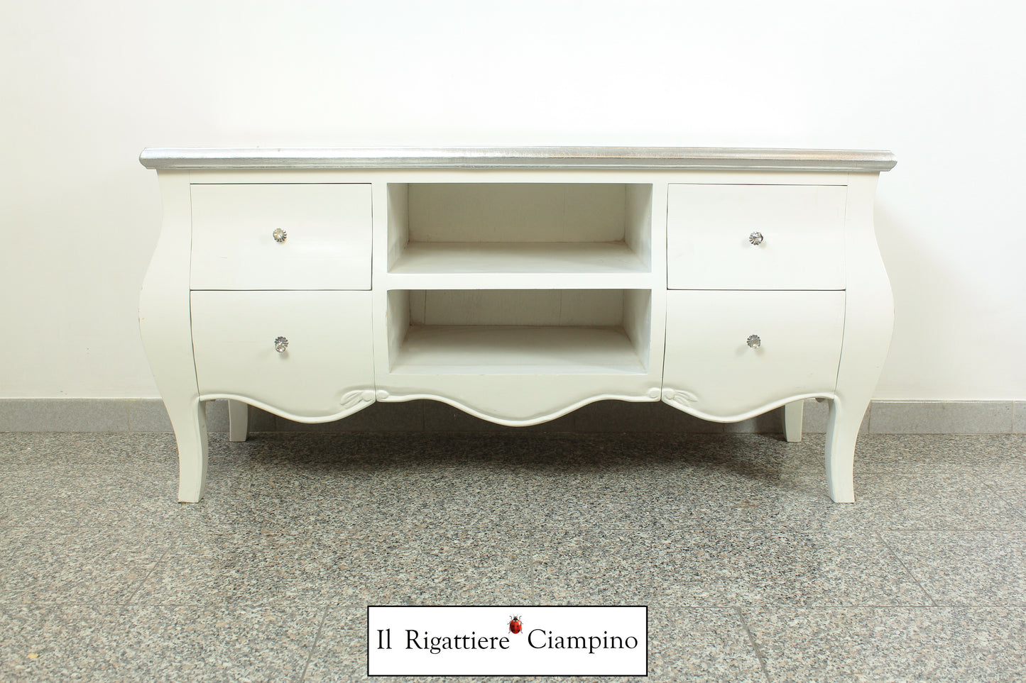 Mobile Porta-Tv argento e bianco in legno massello