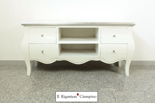 Mobile Porta-Tv argento e bianco in legno massello