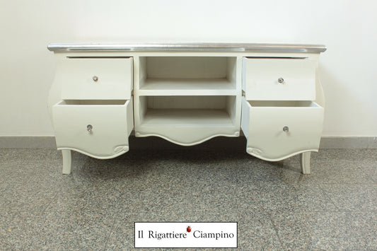 Mobile Porta-Tv argento e bianco in legno massello