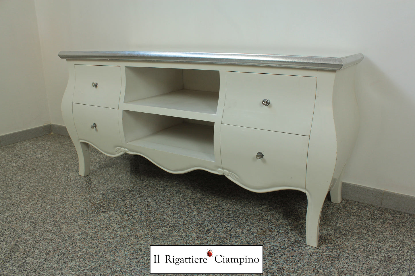 Mobile Porta-Tv argento e bianco in legno massello